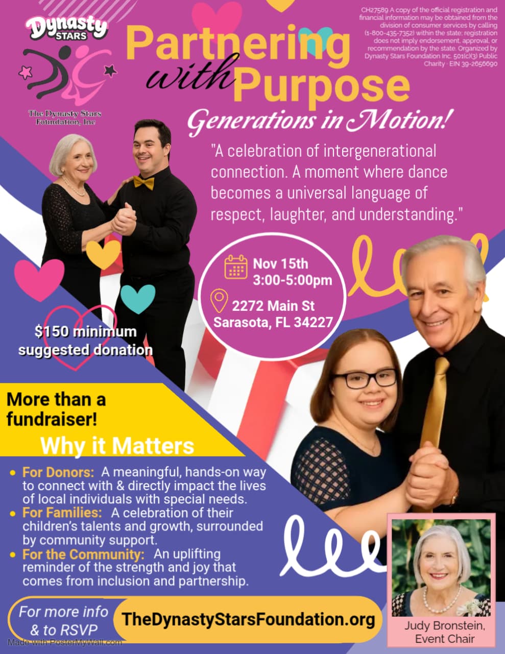 Partnering with Purpose: Generations in Motion — a celebration of intergenerational connection, where dance becomes a universal language of respect, laughter, and understanding. Sunday, November 15, 3:00–5:00 PM at Dynasty Dance Clubs, 2272 Main Street, Sarasota. $150 minimum suggested donation. Event Chair: Judy Bronstein. More info and RSVP at TheDynastyStarsFoundation.org.